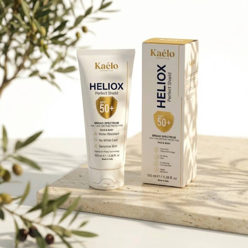 Cremă Protecție Solară Corp & Față , Broad Spectrum UVA/UVB 100 ml – Kaélo HELIOX Perfect Shield SPF 50+