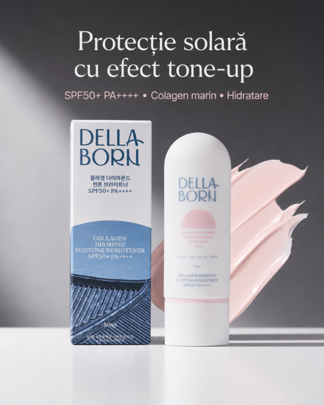 DELLA BORN – Cremă Coreeană cu Protecție Solară SPF50+ PA++++ și Colagen Marin 50g | Iluminare Ten, Efect Tone-Up și Hidratare (K-Beauty)