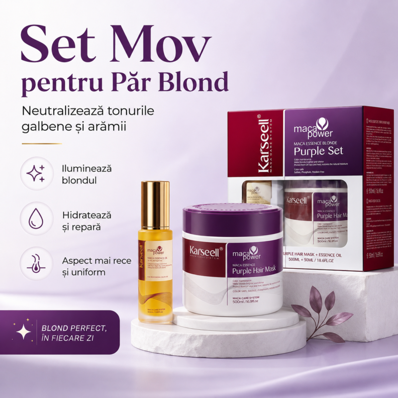 Set Cadou Premium Karseell Mov – Masca Mov pentru Par Blond & Gri cu Ulei de Argan 500 ml + 50 ml – Neutralizare Tonuri Caprui, Hidratare & Strălucire