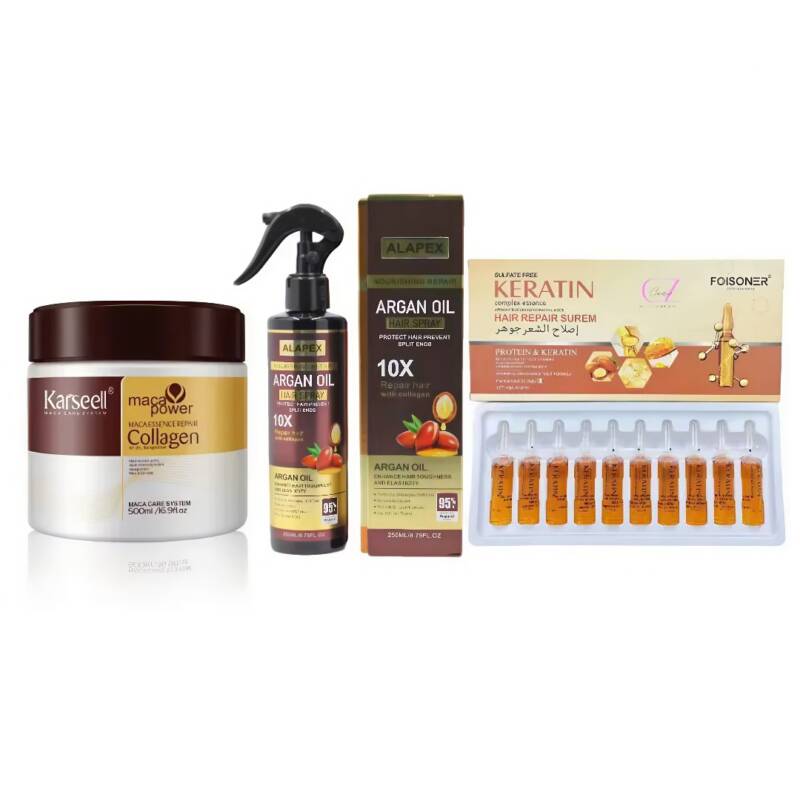Set Karseell Argan Repair – Mască 500ml + Spray cu Ulei de Argan 250ml + Ulei Premium 10 Fiole Tratament Colagen
