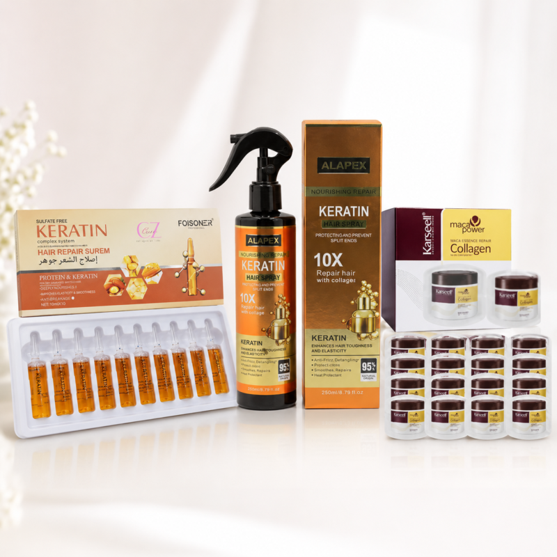 Set Reparare Express par – Spray Rapid 250ml + 10 Fiole cu Keratină, Argan și Colagen + 24 Măști Monodoze | Tratament Intensiv pentru Păr Deteriorat