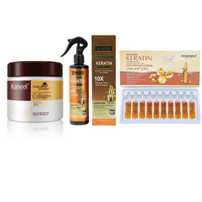 Set Reparare Intensiva Par Karseell Masca 500ml + Spray Keratina 250ml + Fiole Premium cu Keratina, Argan si Colagen 13ML fiola x 10
