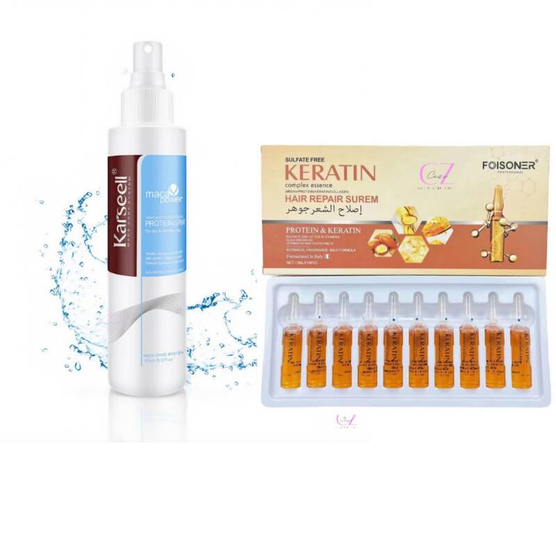Spray profesional Leave-in pentru par cu protectie termica, 200 ML + Ulei premium de reparare a parului cu Keratina, Argan, Colagen, tratament de ingrijire a parului 10 x Fiole, CEZI