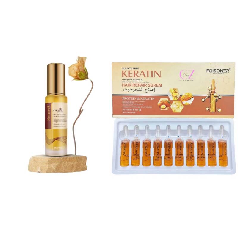 Ulei de par Karseell cu argan marocan, 50ml + Ulei premium de reparare a parului cu Keratina, Argan, Colagen, tratament de ingrijire a parului 10 x Fiole, CEZI