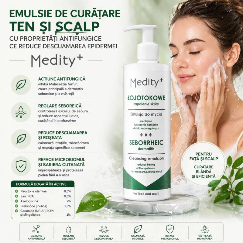 Emulsie de curatare ten si scalp cu proprietati antifungice ce reduce descuamarea epidermei Medity+